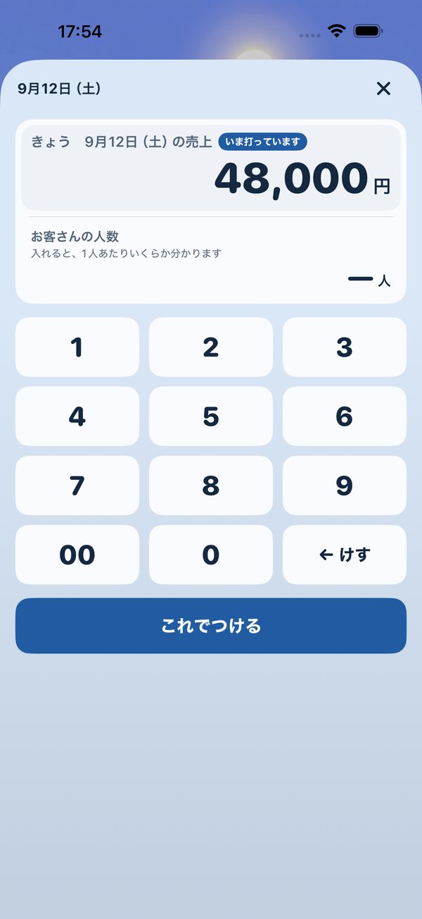 大きな電卓で、その日の売上を打ち込む画面